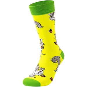 Detail of yellow knit crew socks with green accents and cute squirrel nut patterns