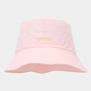 Detailed view of pink waterproof bucket hat with yellow GOOD DAY embroidery and texture