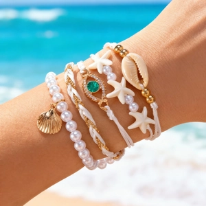 Bohemian Multi Layer Bracelet With Imitation Artificial Pearls Alloy Starfish Shell Pendants Evil Eye Beach Jewelry For Women