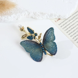 Exquisite blue butterfly brooch with embroidery wings, rhinestones and a white pearl