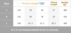 Detailed size chart for solid color bomber jacket including bust and sleeve length info