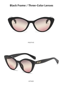 Detailed front and side view of cat-eye sunglasses with black frames and gradient lenses