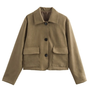 Women's minimalist suede short jacket in dark khaki with lapel and button closure