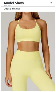 Close-up of seamless goose yellow sports set with U-neck bra and high waist leggings