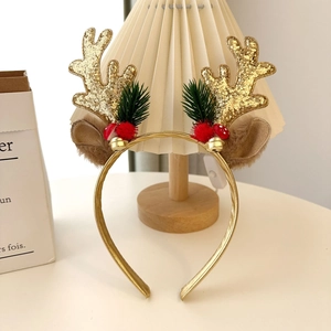 Christmas reindeer antler headband with gold glitter, pine needles and bells for party