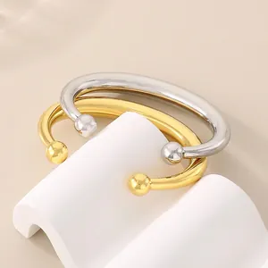 Bracciale Rigido Aperto In Acciaio Inossidabile 316L Placcato Oro 18K A Forma Di C Cavo Lucido Liscio Con Terminali A Sfera