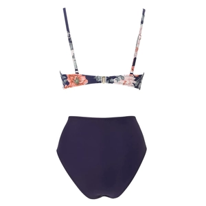 Detailed back view of navy high waisted bikini bottoms with floral push-up top buckle