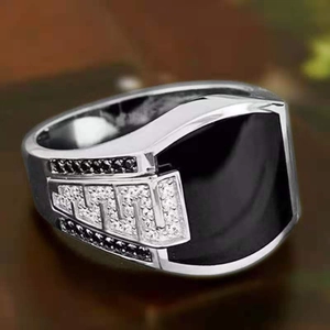 Men's silver-tone hip hop ring featuring a shield-shaped black gemstone and white zircons