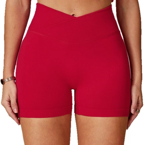 Rote Yoga-Shorts mit hohem V-Ausschnitt-Bund und nahtlosem Design für Fitness und Laufen