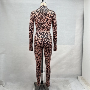 Rear view of leopard print long-sleeve crop top and high-waist yoga pants set