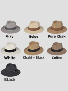 Detail showing various colors of woven boater hats with ribbon bands and metal buckles