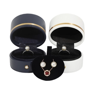 Blue and white PU leather jewelry boxes with pearl necklace and ring display