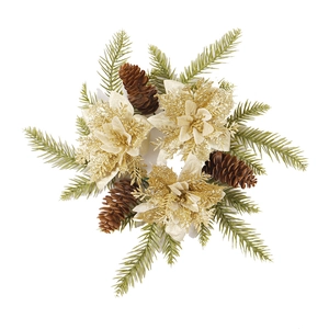 Golden Christmas wreath with pine needles and pine cones for table decoration