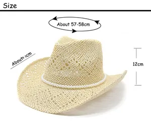 Size chart for vintage straw cowboy hat with pearl trim, brim width 8.5cm, height 12cm