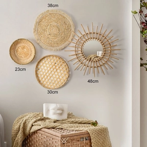 Boho wall decor set featuring woven straw plates and a sunburst mirror with dimensions