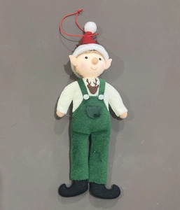 Detail of Christmas elf plush ornament with reindeer embroidery and festive red hanging string