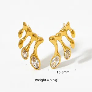 Vintage geometric gold titanium steel earrings with zircon stones, 15.5mm size