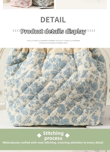 Quilted floral cosmetic bag, portable travel storage pouch, cute drawstring makeup organizer.