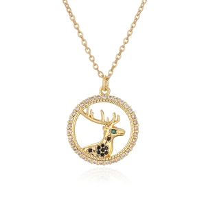 Golden necklace featuring a reindeer pendant with zircon inlay and green gemstone eye