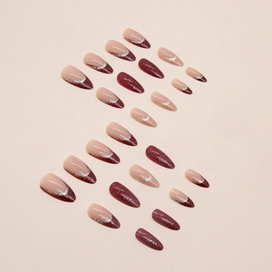 Sparkling burgundy almond press-on nails with silver glitter French tips, set of 24 pieces