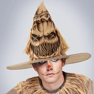 Realistic brown burlap scarecrow witch hat and straw collar for Halloween cosplay costume