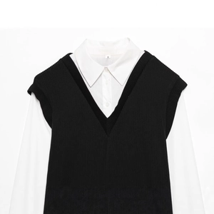 Mini abito patchwork in popeline a maniche lunghe con gilet in maglia scollo a V alla moda