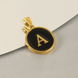 Pendentif lettre A classique en acier inoxydable plaqué or 18k et émail noir