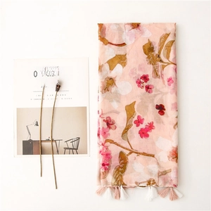 Pink floral cotton linen scarf with soft flower prints and tassel fringe for women