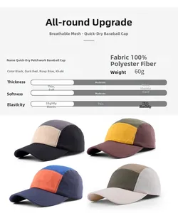 Detailed specs of quick-dry five-panel cap showing 100% polyester fabric and 60g weight
