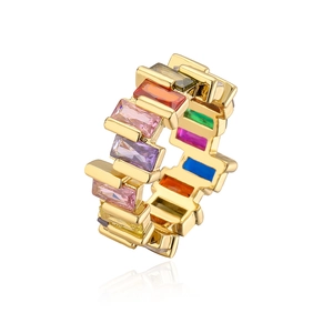Detailed view of 18K gold plated eternity ring featuring colorful baguette-cut zircons