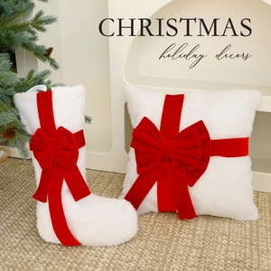 Christmas Stocking Throw Pillow Cover Tree Skirt Faux Fur Plush Large Red Bow Holiday Home Party Decor Nordic
