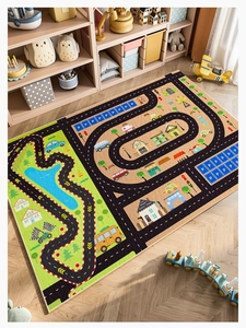 Top view of car parking play mat with town roads and green park patterns on wood floor