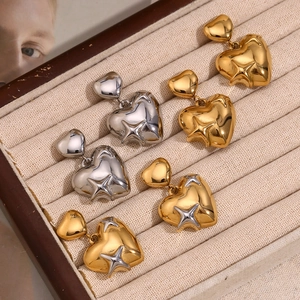 Pendientes De Botón Con Corazón Colgante Acero Inoxidable Chapado En Oro Estrella Grabada Joyería Para Mujer