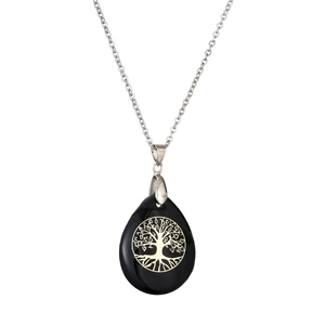 Tree of Life necklace with black teardrop crystal pendant on silver chain for women