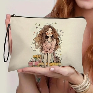Portable toiletry bag with printed girl and cat illustration on soft canvas fabric