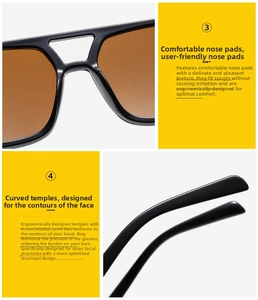 Macro detail of fixed nose pads and ergonomic curved temples on black square sunglasses