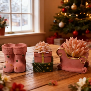 Christmas pink boot, gift box, and sleigh table decorations with festive succulents