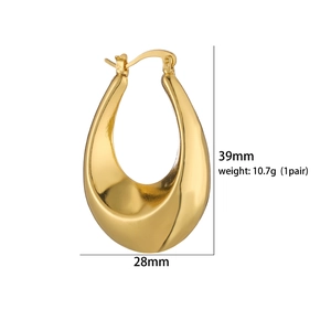 Polished gold hollow teardrop earrings showing 39mm length and 28mm width dimensions