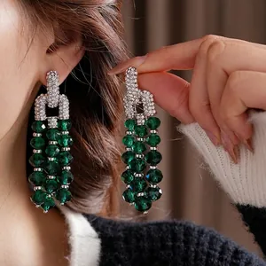 Vintage Tassel Dangle Earrings Emerald Green Glass Beads Rhinestone Alloy Jewelry With Silver Earring Post For Women