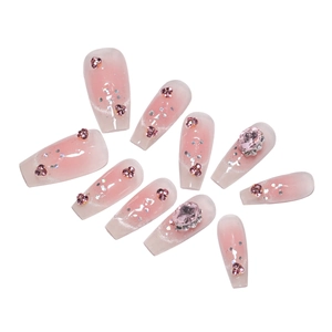 Pink gradient coffin nails set with 3D rhinestones and silver glitter details