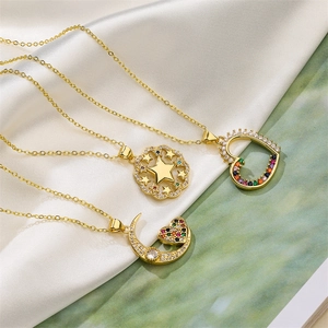 Heart Moon Star Pendant Necklace Copper Micro Inlaid Colorful Zircon Clavicle Chain Jewelry For Women Girls Elegant