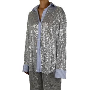 Chic silver sequin blazer and wide-leg trousers two-piece set with striped details