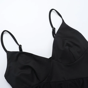 Détail des fines bretelles réglables et du col en V sur une robe noire