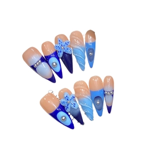 Blue ocean-themed 3D flower handmade stiletto press-on nails set with relief texture
