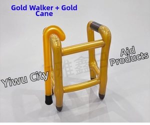 Detailed view of inflatable golden PVC walker and matching walking stick party prop set