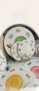 Detailed close-up of woven cotton placemats featuring lemon and avocado prints and tight stitching