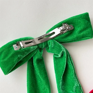 Green velvet Christmas bow hair clip with silver spring metal back for women