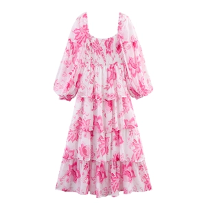 Robe longue à fleurs en mousseline à volants avec col carré et manches lanternes