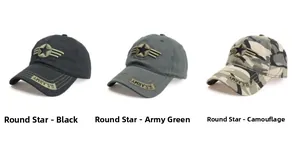 Tactical caps in black, army green, and camouflage with star and U.S. ARMY embroidery