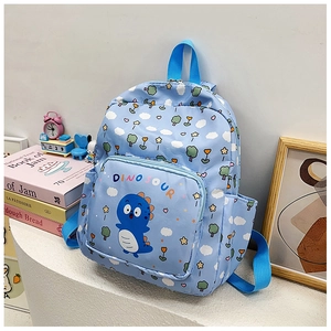 Close-up of cute sky blue dinosaur cartoon backpack with decorative clock and book